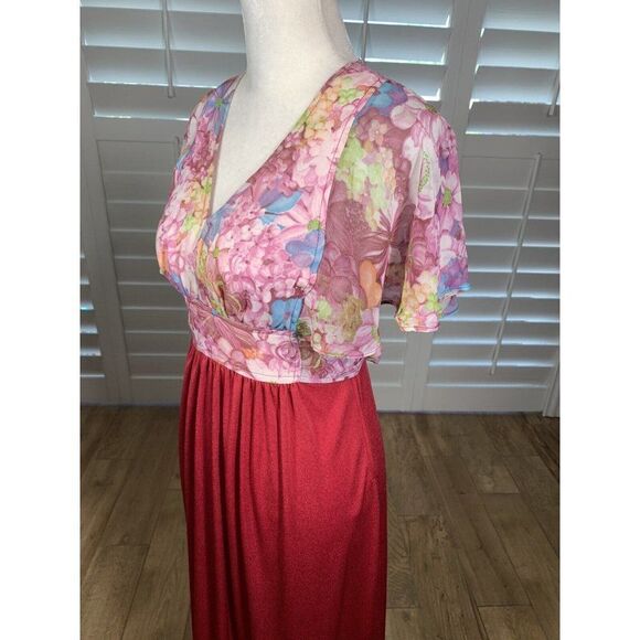 Vtg 70s Roberta California Red Pink Chiffon Floral Maxi Dress S 5 Boho Hippie - Picture 3 of 12
